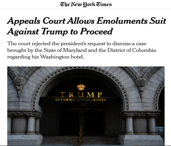 △《纽约时报》报道,法院将重启特朗普违反薪酬条款的诉讼案