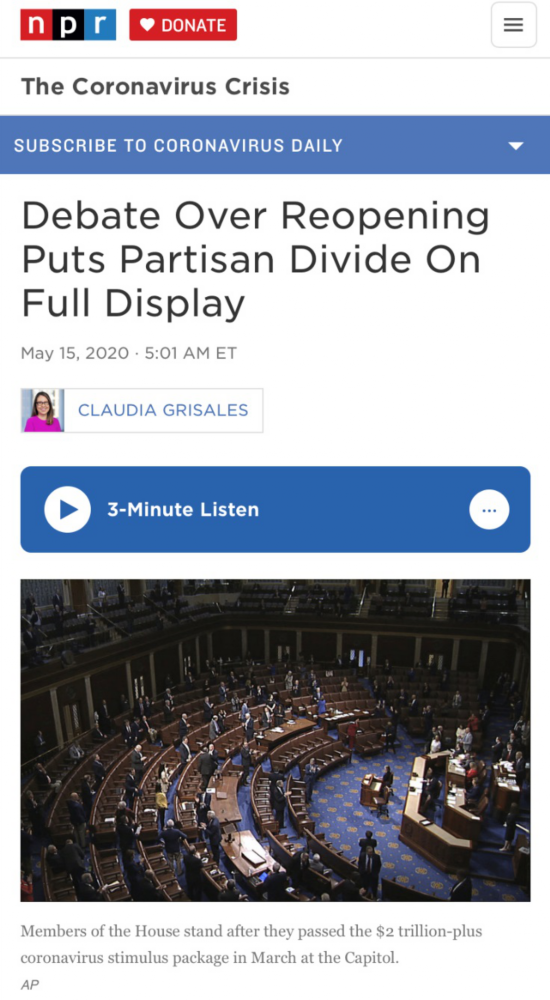 △全国公共广播电台(NPR)报道,关于重启的辩论使党派分歧愈演愈烈