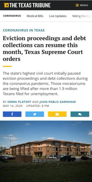 △《得克萨斯论坛报》报道称，得州最高法院将恢复允许该州对被拖欠租金的讨债和对租户的驱离行为