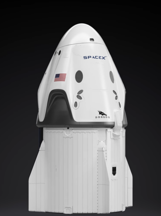  “载人龙”外观，为乘员舱和非密封舱两舱式设计，充满科幻感。图/SpaceX官网