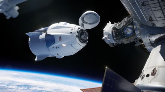“载人龙”与国际空间站对接效果图。图/NASA
