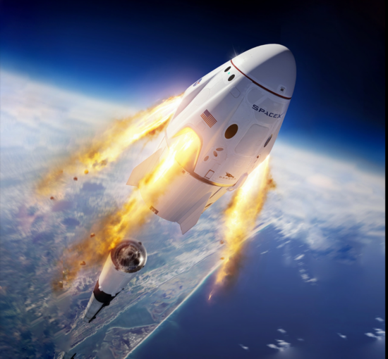 今年1月19日，“载人龙”飞船完成了发射中逃逸试验，飞船装配的“超级天龙座”发动机点火，将飞船推离火箭。图/SpaceX官网