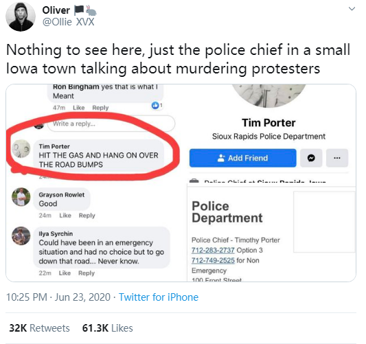 网友Oliver截图发在了推特：&ldquo;爱荷华小镇警察局长发表谋杀抗议者言论。&rdquo;这条推特已被转推3.2万次。