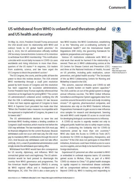 柳叶刀|著名医学杂志《柳叶刀》发文称美国退出世卫组织非法且危害巨大