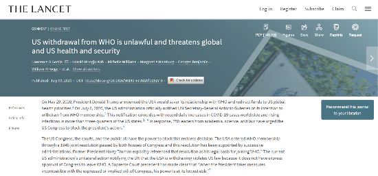 柳叶刀|著名医学杂志《柳叶刀》发文称美国退出世卫组织非法且危害巨大
