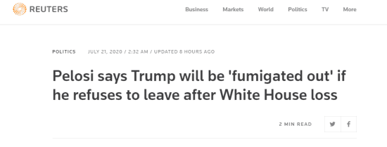 特朗普|佩洛西：如果特朗普败选后不愿离开白宫，就用烟把他熏出去！