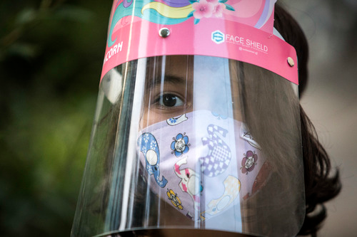  7月19日，伊朗德黑兰的一名女孩佩戴口罩和面罩出行。新华社发（艾哈迈德&middot;哈拉比萨斯摄）