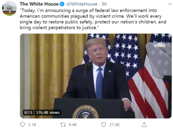 特朗普|刚刚，特朗普宣布“派大量执法人员”进入美国大城市，“应对暴力犯罪”
