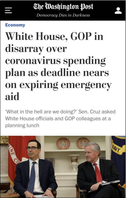 华盛顿邮报|国会白宫争论不休 美国新一轮纾困计划被耽误了