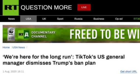 RT:“我们将在这里长期运营”,TikTok美国总经理对特朗普的禁令“不屑一顾”