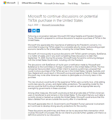 特朗普|微软证实谈判收购TikTok声明里还有个“信息”：感谢特朗普“亲自参与”