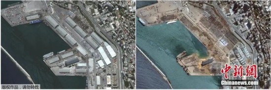  图为贝鲁特港口区爆炸前后对比，港口陆地被炸出一个豁口。