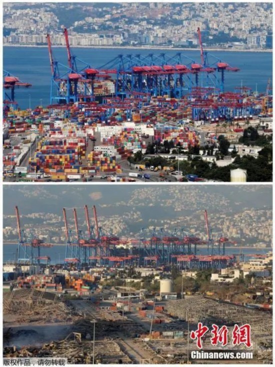 组合图片展示了2019年8月22日黎巴嫩贝鲁特港口和2020年8月5日爆炸后的景象。