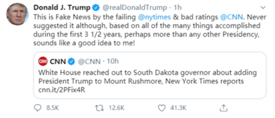 特朗普|美媒曝特朗普想把自己雕像加进“总统山”，特朗普发推否认：假新闻，但对我是个好消息！