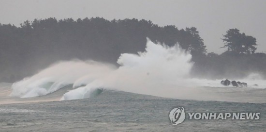 2日上午，受第9号超强台风“美莎克”影响，韩国西归浦市的正房瀑布前白浪滔天。