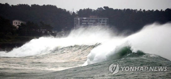 2日上午，受第9号超强台风“美莎克”影响，韩国西归浦市的正房瀑布前白浪滔天。