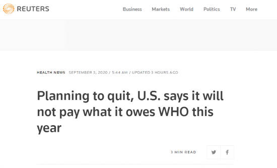 世卫组织|彻底赖账！美政府高官：美国欠世卫的8000万美元会费，不交了