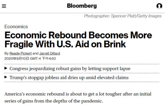 彭博社称，随着纾困措施难产，美国经济复苏变得更加脆弱