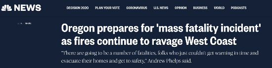 △美国全国广播公司(NBC)报道:大火持续肆虐西海岸,俄勒冈州准备应对“大规模死亡事件”
