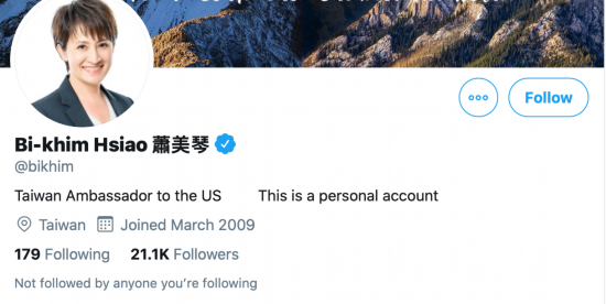  萧美琴个人推特简介改为“台湾驻美大使”