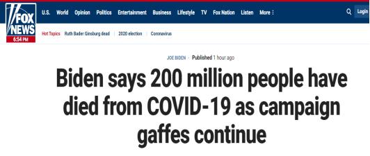 拜登|口误？拜登称估计已有2亿人死于新冠，美媒：美国总共才3亿多人……