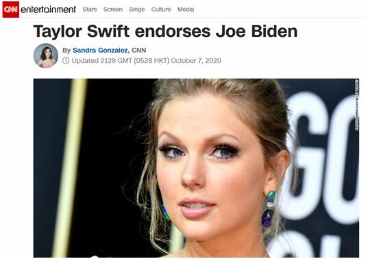 霉霉|著名歌手泰勒-斯威夫特宣布：支持拜登