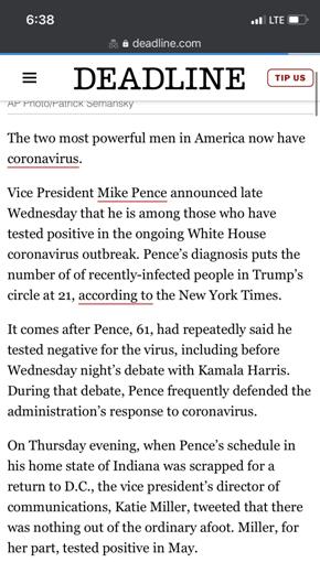 报道|“彭斯确诊新冠”？美媒误发新闻备稿后道歉：我们很遗憾，向副总统道歉