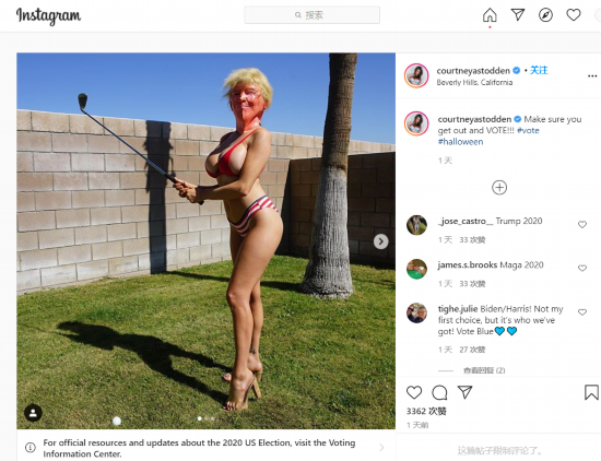 Instagram|美国女模特穿比基尼、戴“特朗普面具”、持高尔夫球杆，呼吁粉丝投票