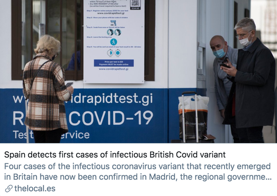 西班牙首次发现在英国出现的变异新冠病毒确诊病例。/ &ldquo;The Local es&rdquo;报道截图