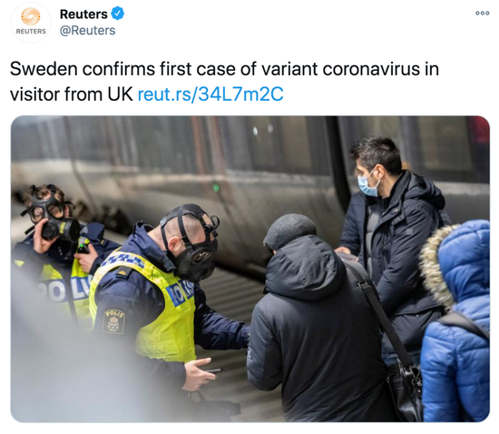 瑞典首次发现一名来自英国的旅行者感染变异新冠病毒。/ 路透社报道截图