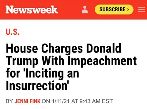 △《新闻周刊》指出,众议院正式推出的弹劾条款中,指控特朗普1月6日在国会大厦前煽动支持者发起叛乱,并再次虚假宣称自己赢得选举