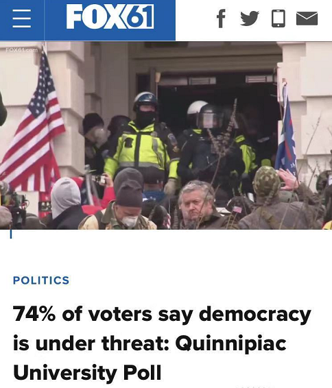 △福克斯指出,1月11日发布的最新民意调查显示,美国目前仅有21%的选民认为民主制度还很健康