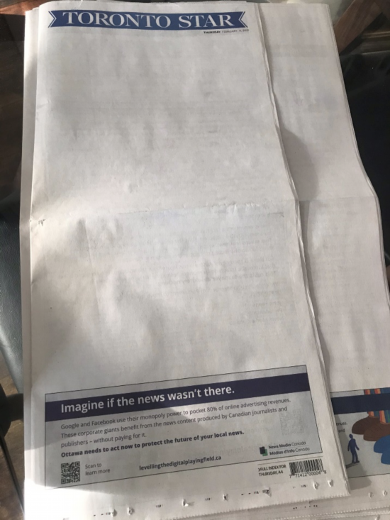 谷歌|纸媒对科技巨头开战!加拿大多家媒体头版“开天窗”,只留下一句话