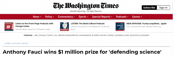 福奇|福奇因“捍卫科学”获价值百万美元大奖，获奖评价和特朗普有关？