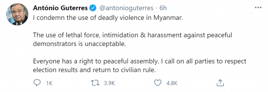 联合国秘书长|缅甸国内抗议2人遭枪击身亡，联合国秘书长谴责“使用致命武力”！