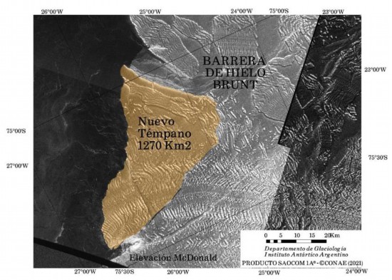 △黄色部分为分离出的冰川（图片来源：阿根廷南极研究所）