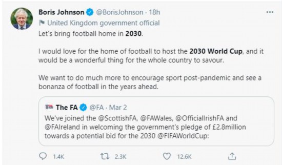 足总|首相支持 英国2030年要带足球“回家”