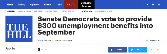 修正案|美媒：参议院通过1.9万亿新冠救助法案修正案，提供每周300美元失业救济至9月初