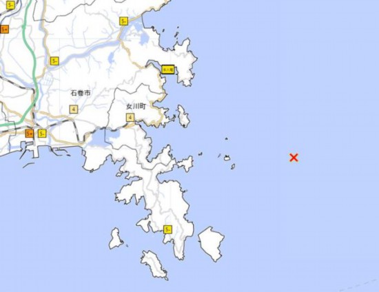 当地时间20日18时9分，日本宫城县近海发生6.9级地震。(图片来源：日本气象厅官网截图)
