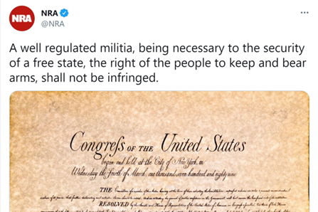 美国全国步枪协会发表推文称：&ldquo;拥有和携带枪支的权利不能受到侵犯。&rdquo;