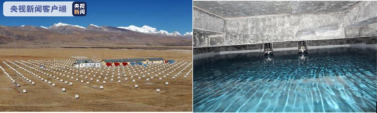 △我国西藏羊八井ASγ实验（左图：ASγ表面阵列；右图：地下水切伦科夫探测器）