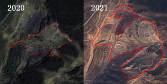 馒头山&ldquo;开发式治理&rdquo;后山体破坏面积增大。图片来源：生态环境部微信公众号