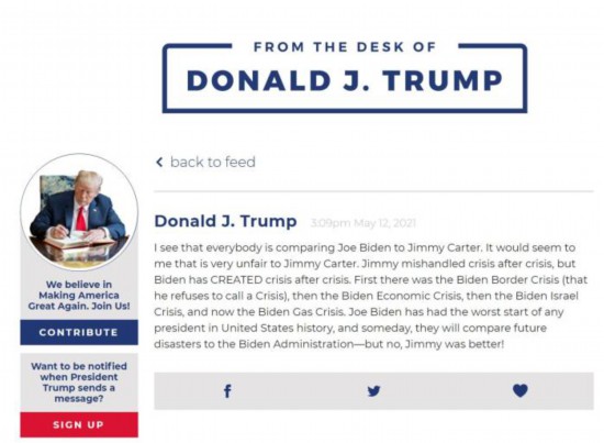 图片来源：美国前总统特朗普个人网站截图。