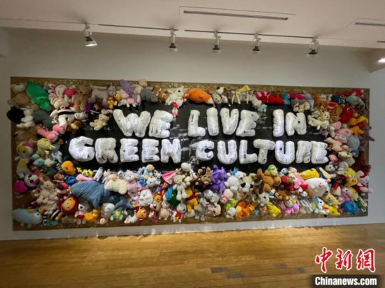 图为艺术家用废弃毛绒玩具制作的艺术展板。　刘旭 摄