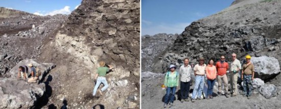 内蒙古霍林河盆地早白垩世硅化植物化石剖面，科研团队现场考察研究。　中科院南古所 供图