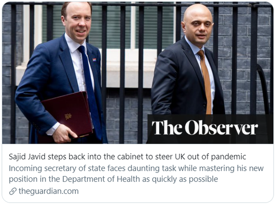  赛义德&middot;贾维德重回内阁，将领导英国走出新冠疫情。/《卫报》报道截图