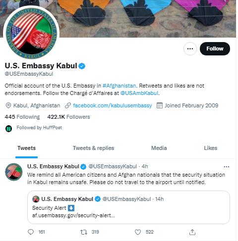 美国驻喀布尔大使馆官方推特截图。