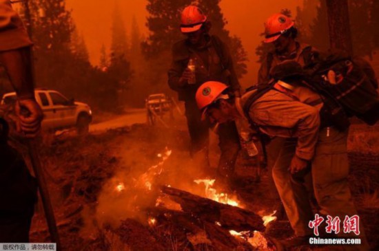 当地时间9月22日，美国加州红杉国家公园山火持续，浓烟遮天蔽日。图为消防员等待水管时用嘴喷水灭火。