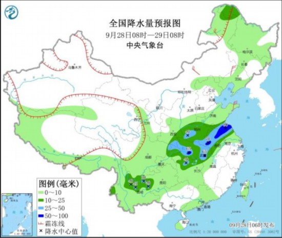 　　全国降水量预报图(9月28日8时-29日8时)