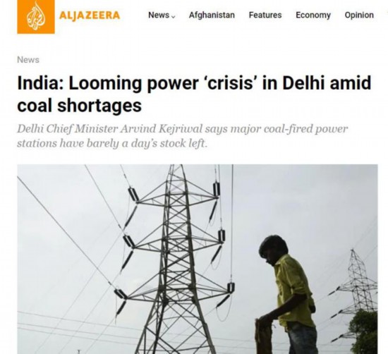 印度新德里面临电力危机。图片来源:半岛电视台新闻网(Aljazeera)报道截图。